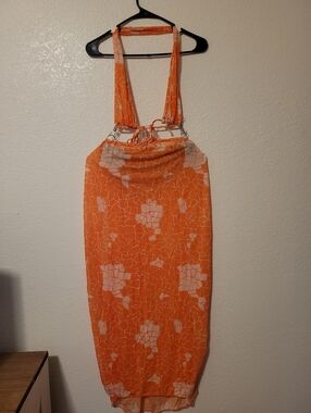 Orange Mosaic Halter Sheer Maxi Coverup Dress